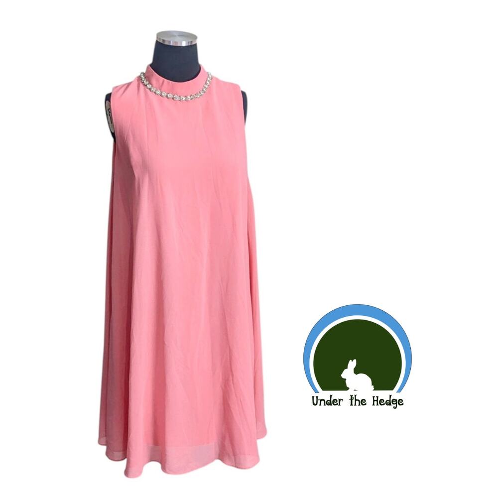 Eliza J Pink Chiffon Rhinestone Neck Shift Cocktail Dress Size 8 Feminine Glam